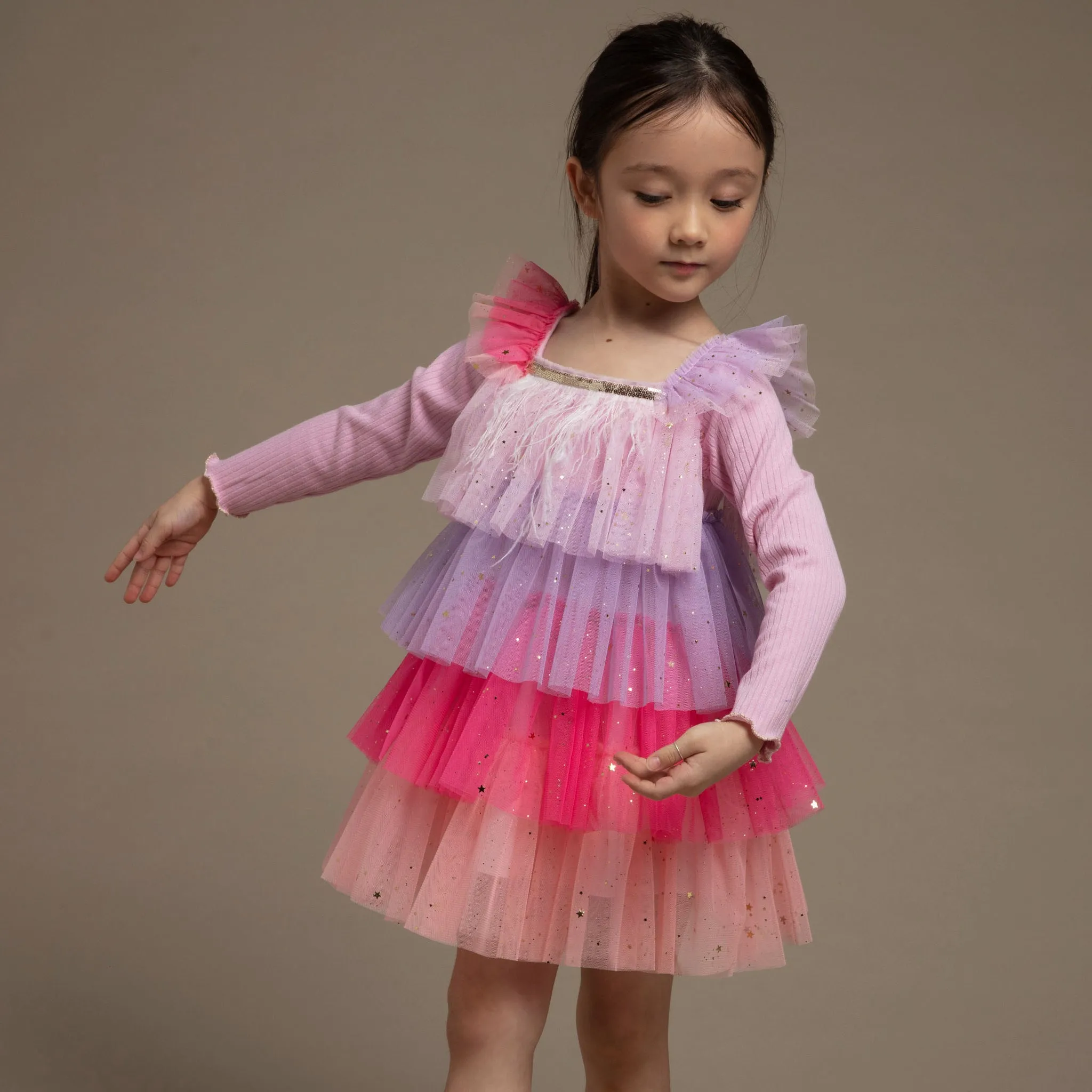 4 Layered Rainbow Tulle LS Dress w/Ostrich