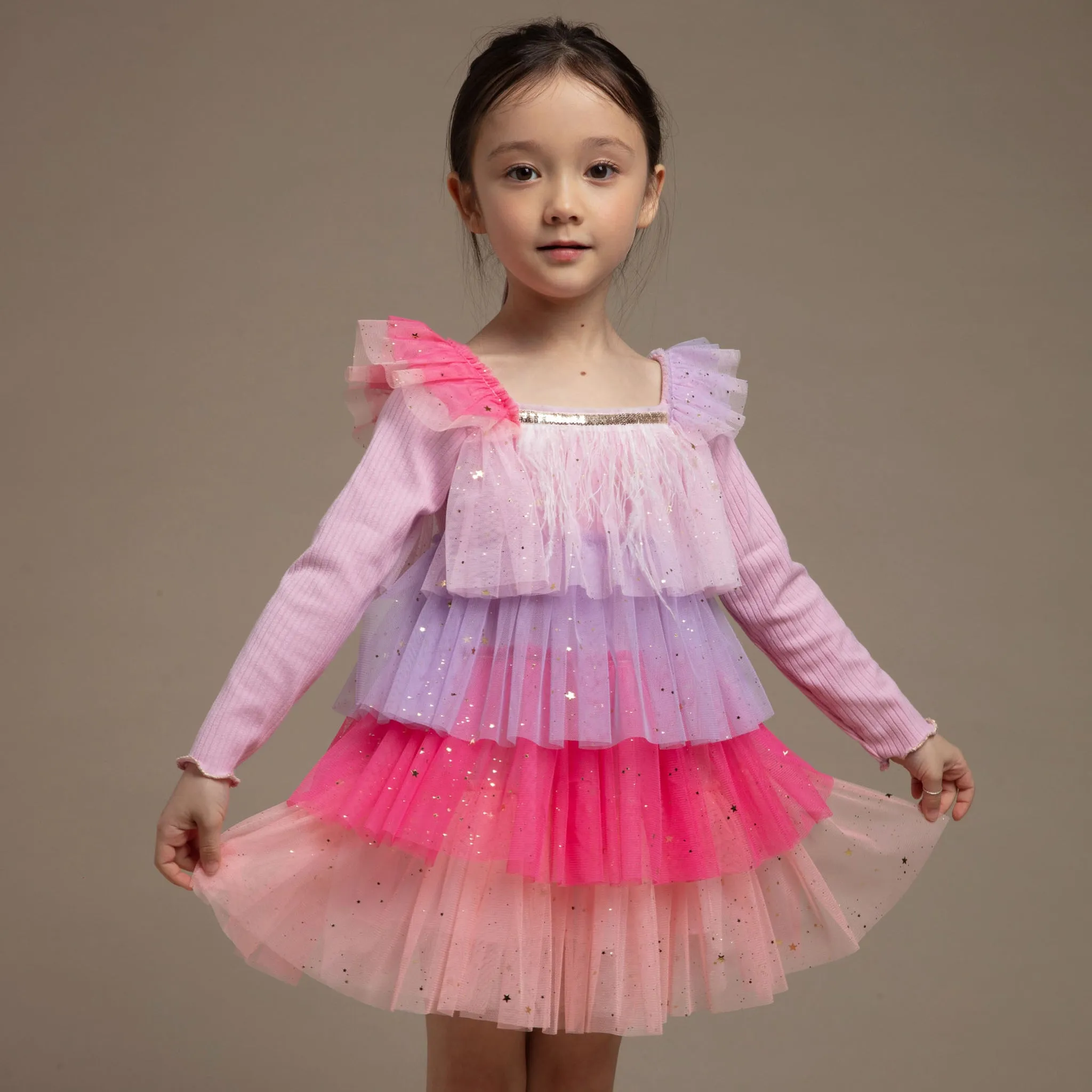 4 Layered Rainbow Tulle LS Dress w/Ostrich