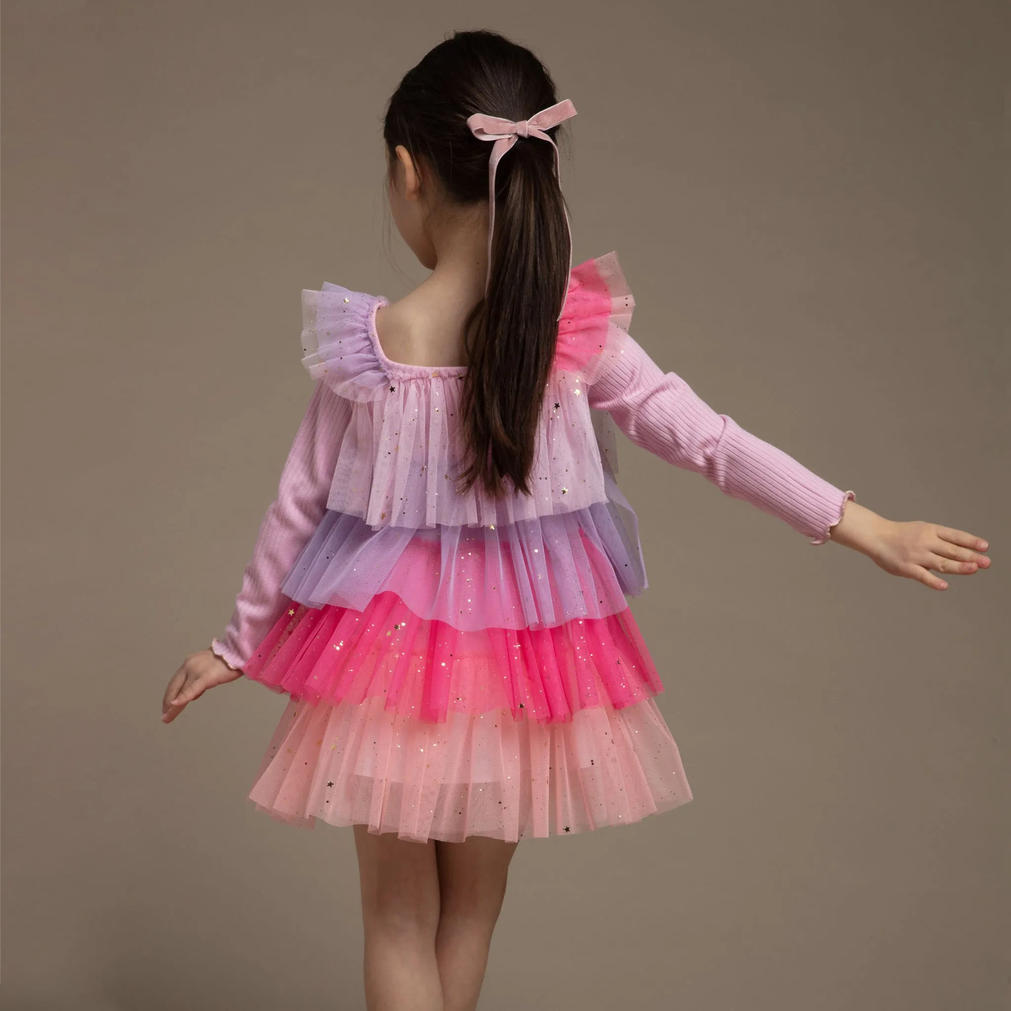 4 Layered Rainbow Tulle LS Dress w/Ostrich