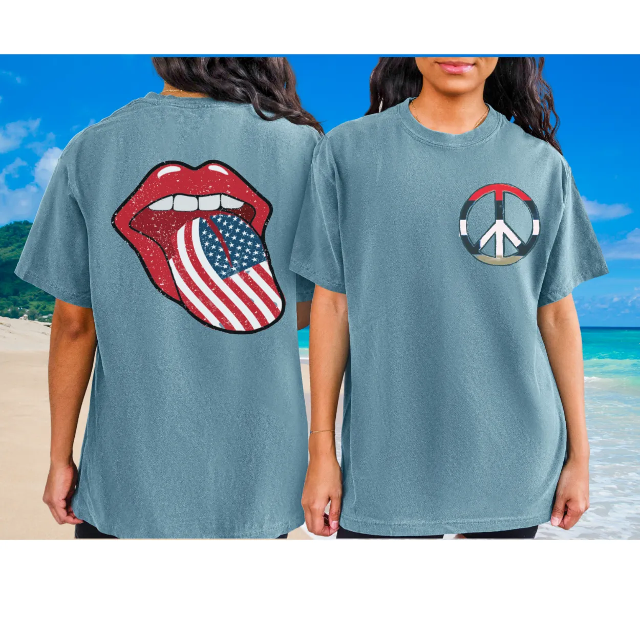 4th of July Rock and Roll Comfort Colors® T-Shirt, Front and Back Design T-Shirt, 1970's Peace Sign