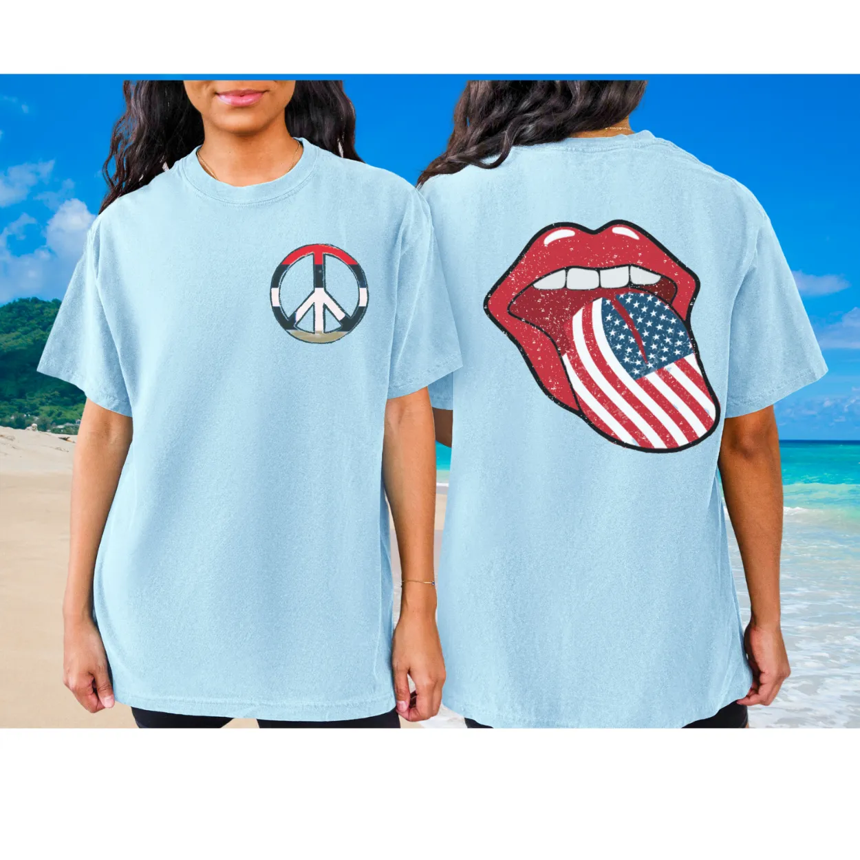 4th of July Rock and Roll Comfort Colors® T-Shirt, Front and Back Design T-Shirt, 1970's Peace Sign