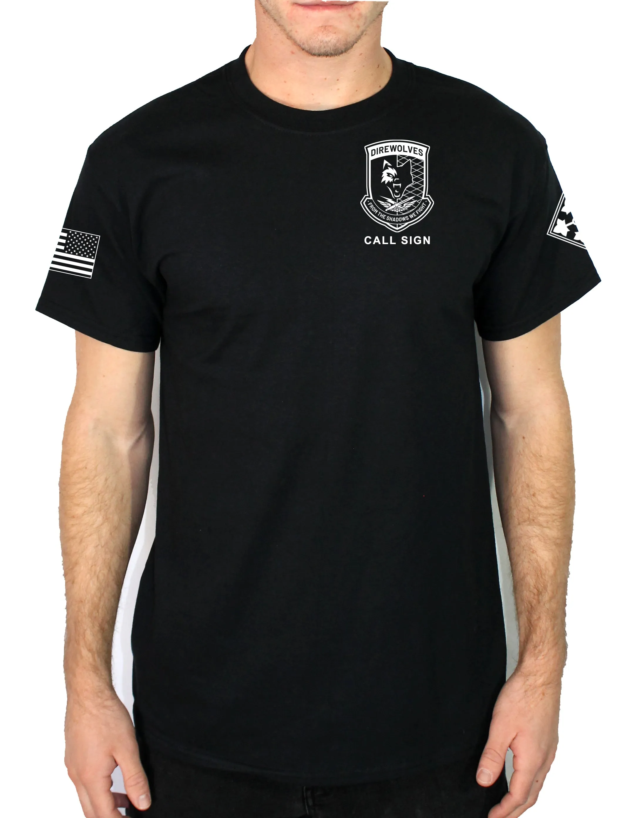 50-50 Blend Black Unisex PT Short Sleeve Shirt. White Design. Approved for PT