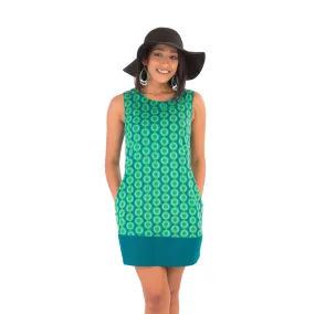 60s Style Cotton Dress Green Print with Pockets