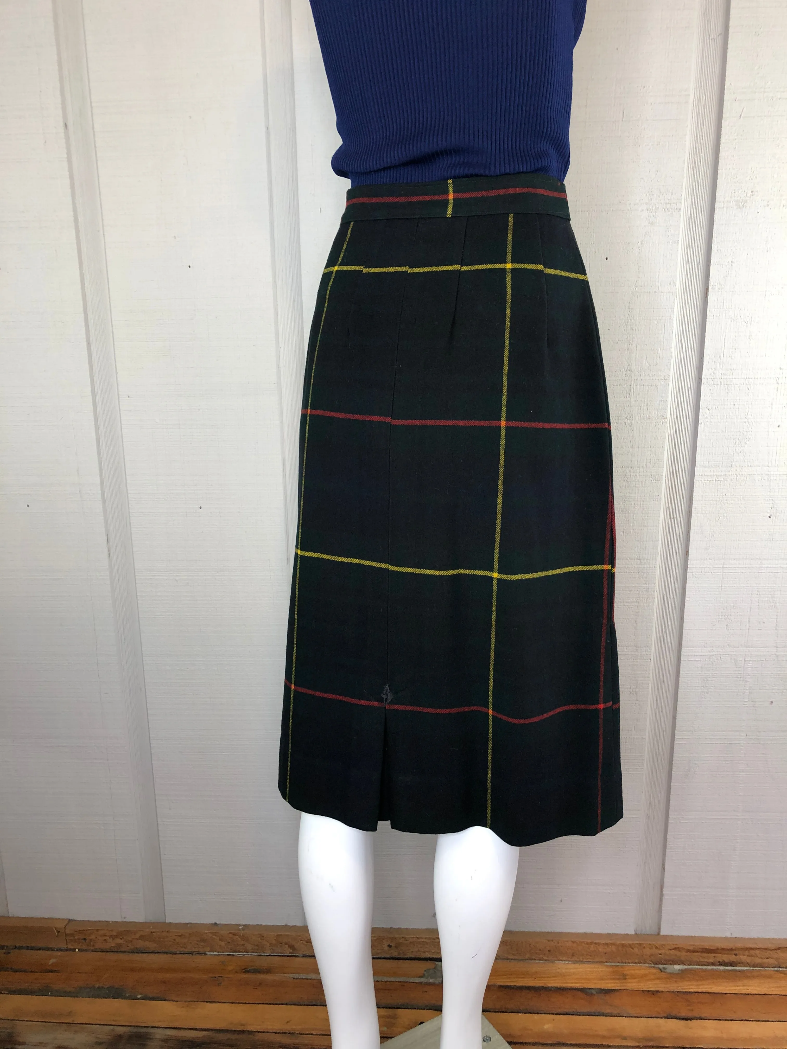 60s Wool Window Pane Plaid Midi Skirt     w29