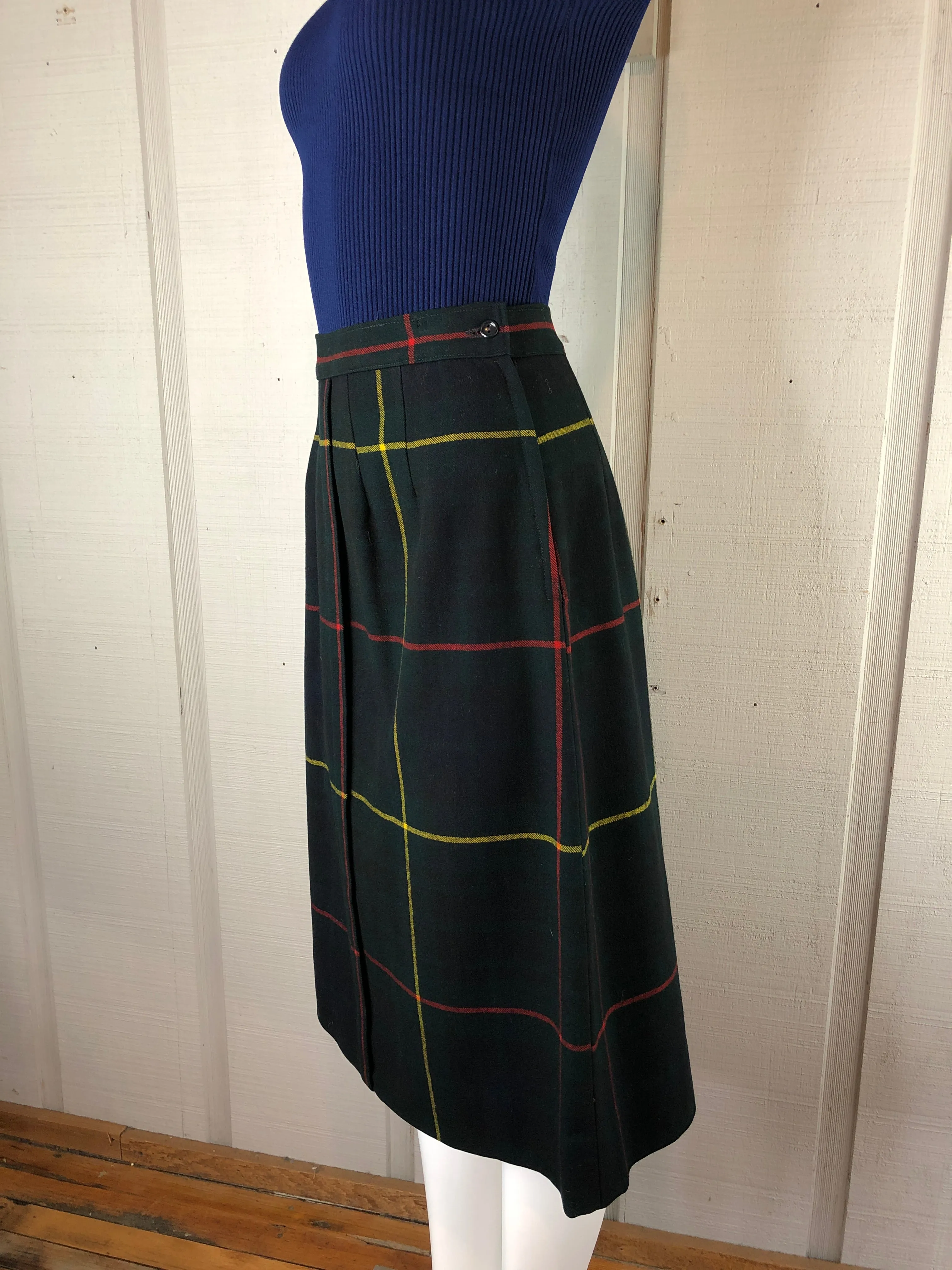 60s Wool Window Pane Plaid Midi Skirt     w29