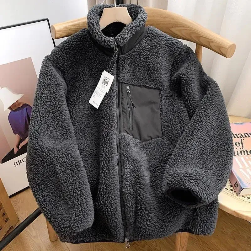 Aidase Autumn and Winter Japanese Men's and Women's Fleece Stand Neck Jacket Couple Zipper Loose Warm Lamb Wool Coat Solid Color Jacket