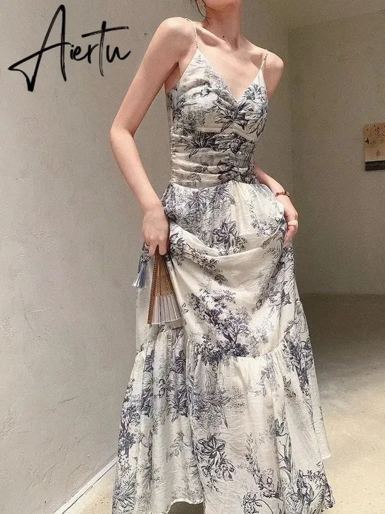 Aiertu Chinese Style Sleeveless Camisole Dress For Women With Summer Design Sense, Ink Painting Waistband Slim Fit Long Skirt