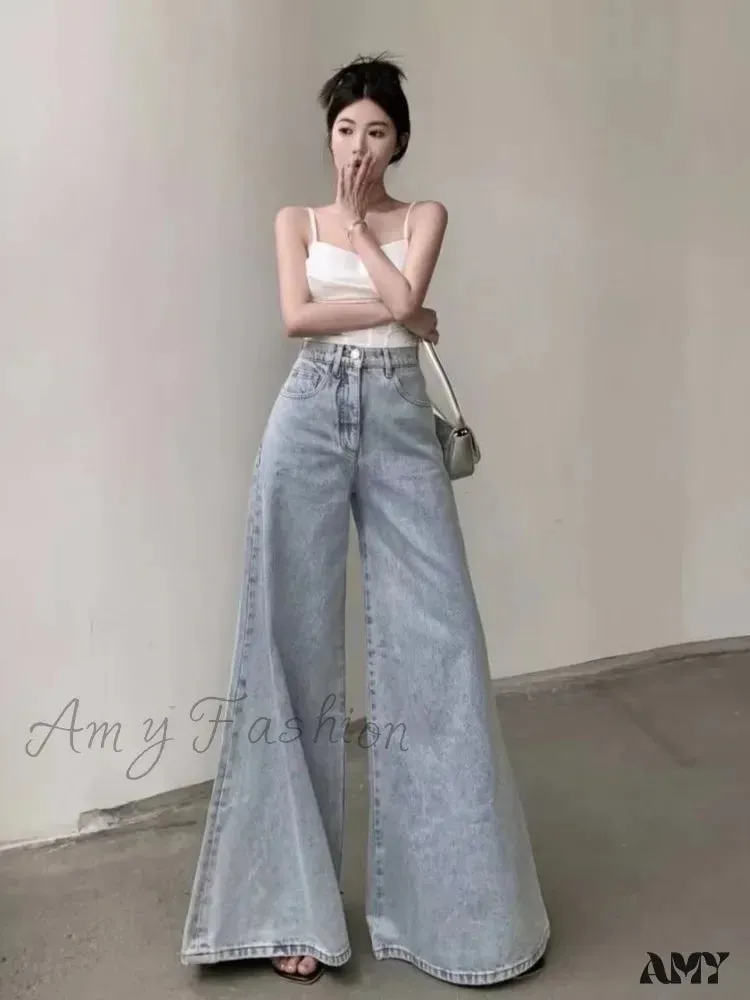 Amy Fashion - Slimming Vintage Flared Loose Fitting High-Waisted Denim Mop Floor Length Jean