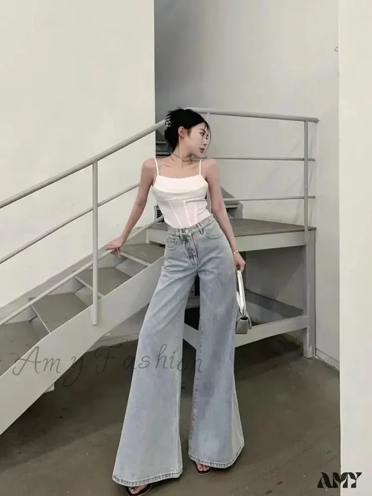 Amy Fashion - Slimming Vintage Flared Loose Fitting High-Waisted Denim Mop Floor Length Jean