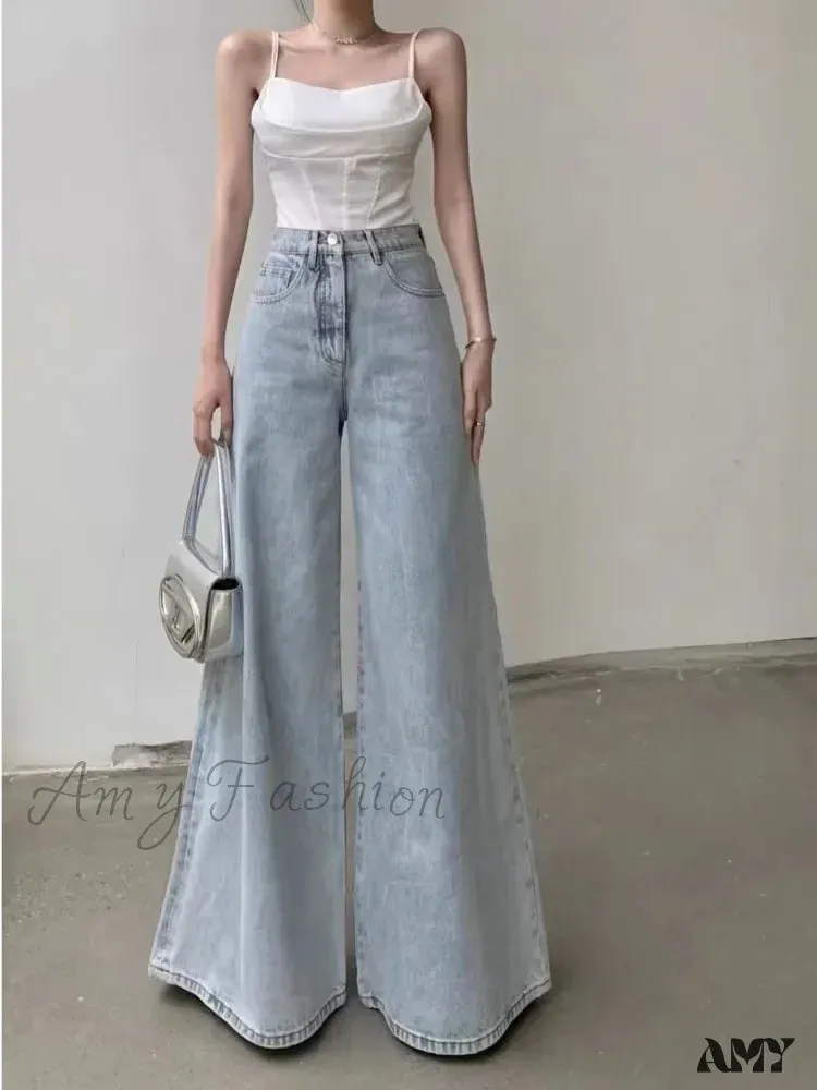 Amy Fashion - Slimming Vintage Flared Loose Fitting High-Waisted Denim Mop Floor Length Jean