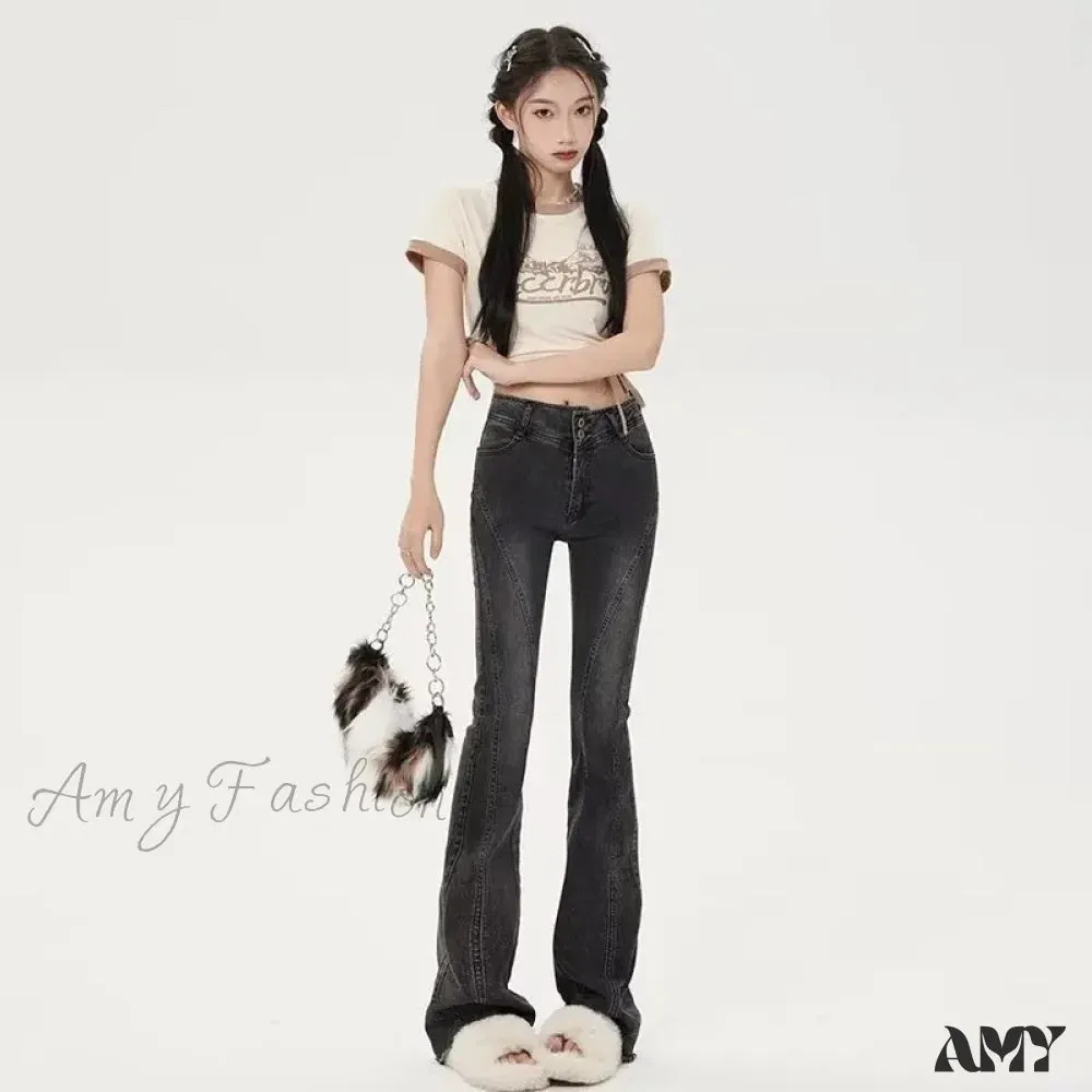 Amy Fashion - Small American Retro Micro Flared High Waisted Slim Versatile Floor Mop Jean