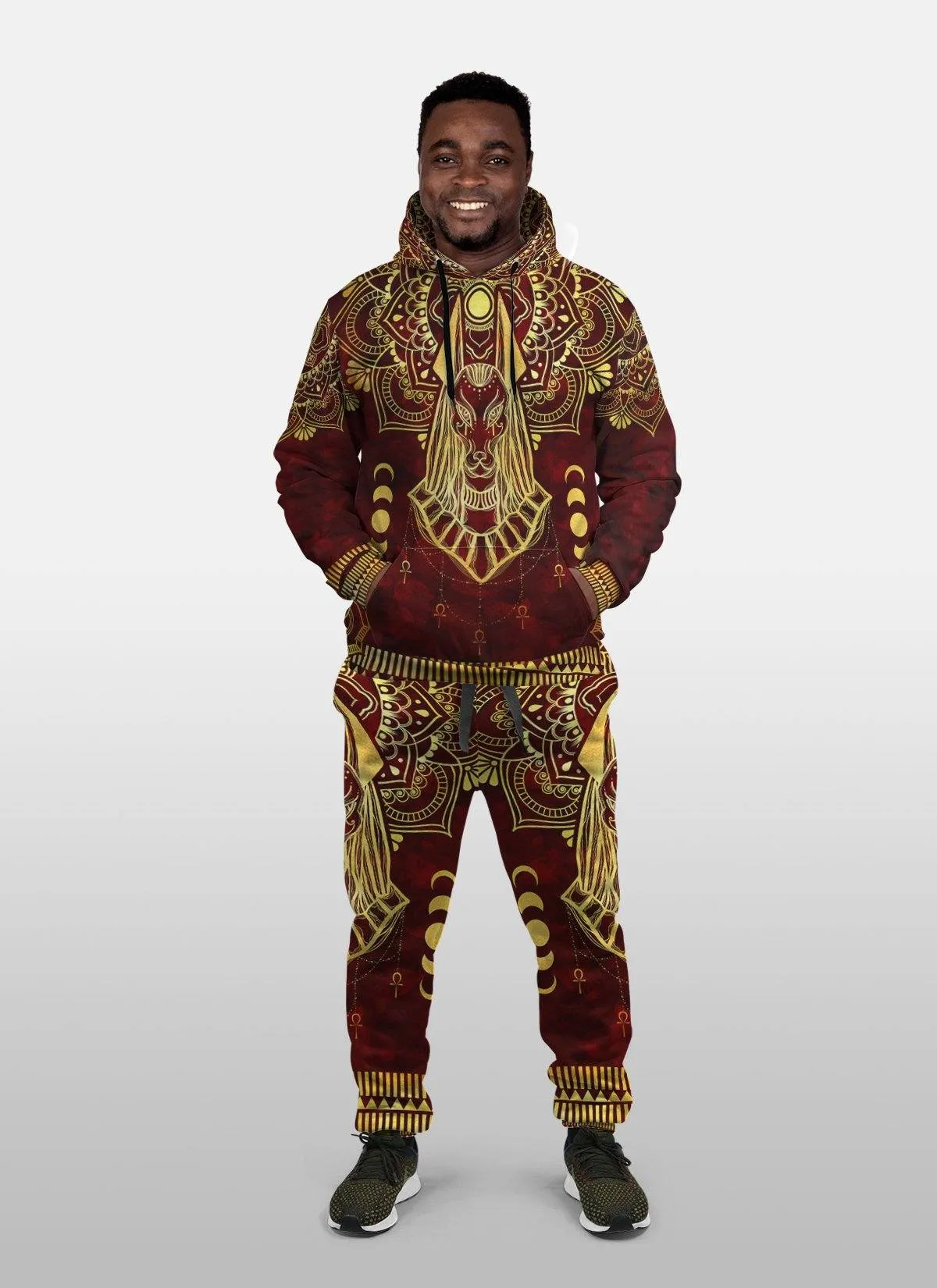 Anubis Pattern In Red Fleece All-over Hoodie And Joggers Set