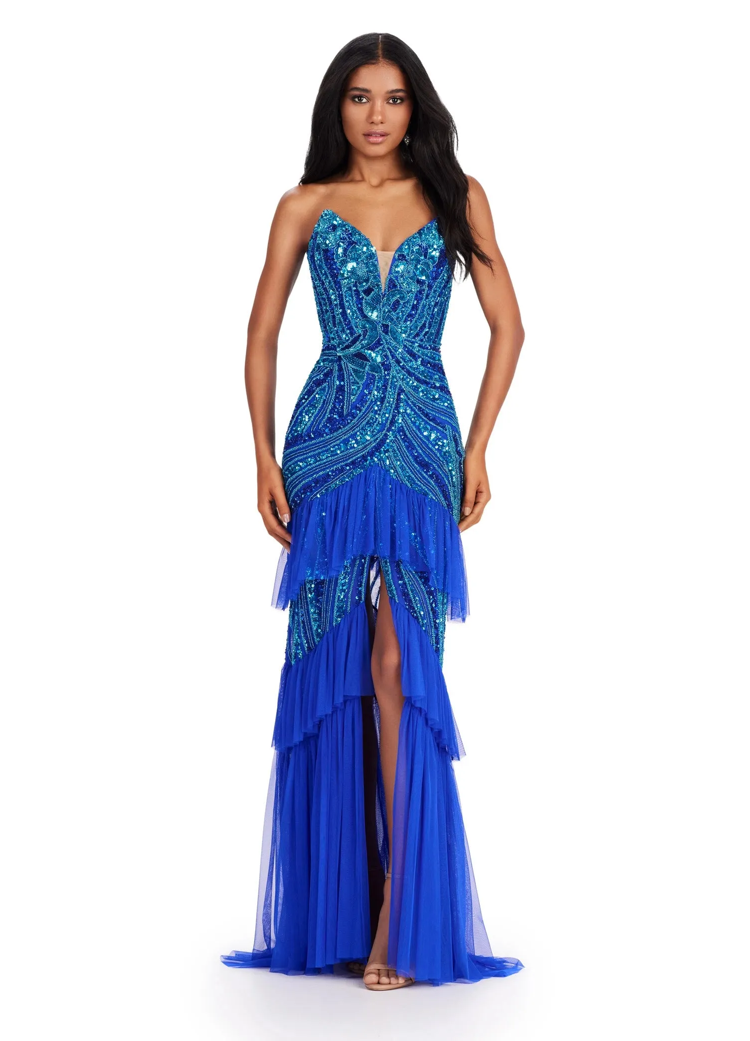 Ashley Lauren 11438 Strapless Beaded Sequin Front Slit Evening Dress Layered Tulle Pageant Gown Prom