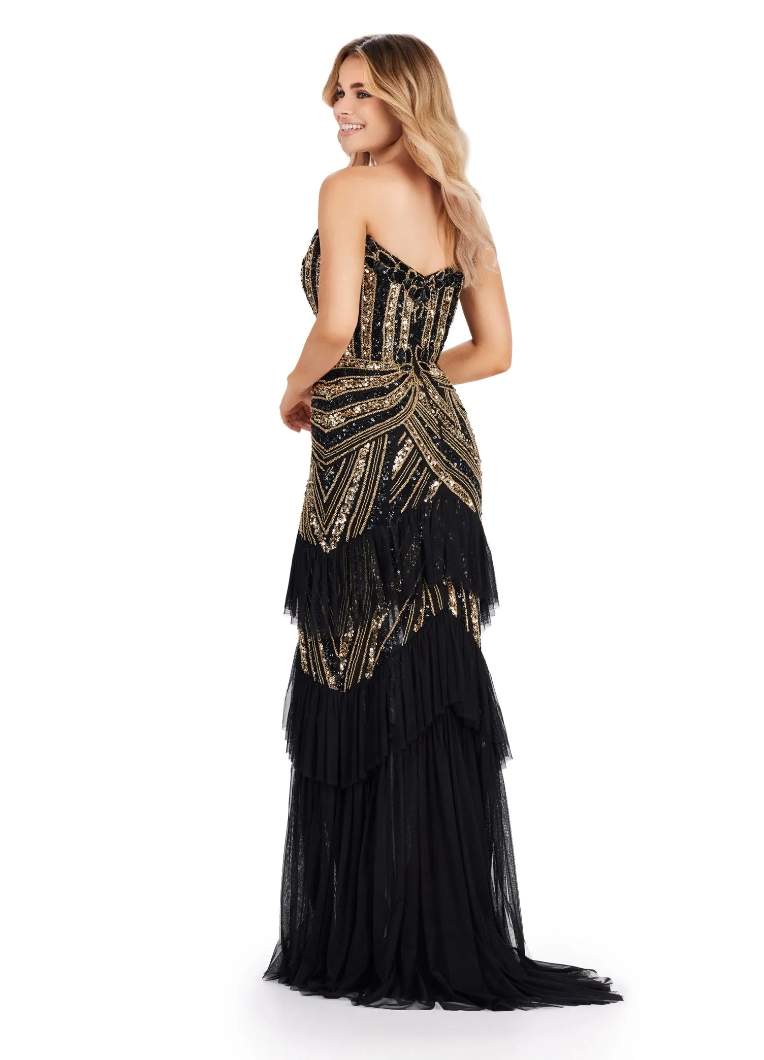 Ashley Lauren 11438 Strapless Beaded Sequin Front Slit Evening Dress Layered Tulle Pageant Gown Prom