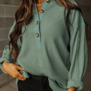 At the Cabin Waffle Knit Henley Smoke Green