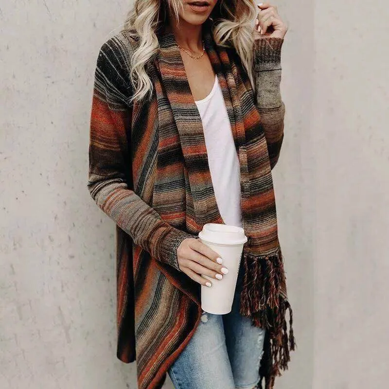 Autumn And Winter Medium Length Slim Fringe Striped Sweater Coat