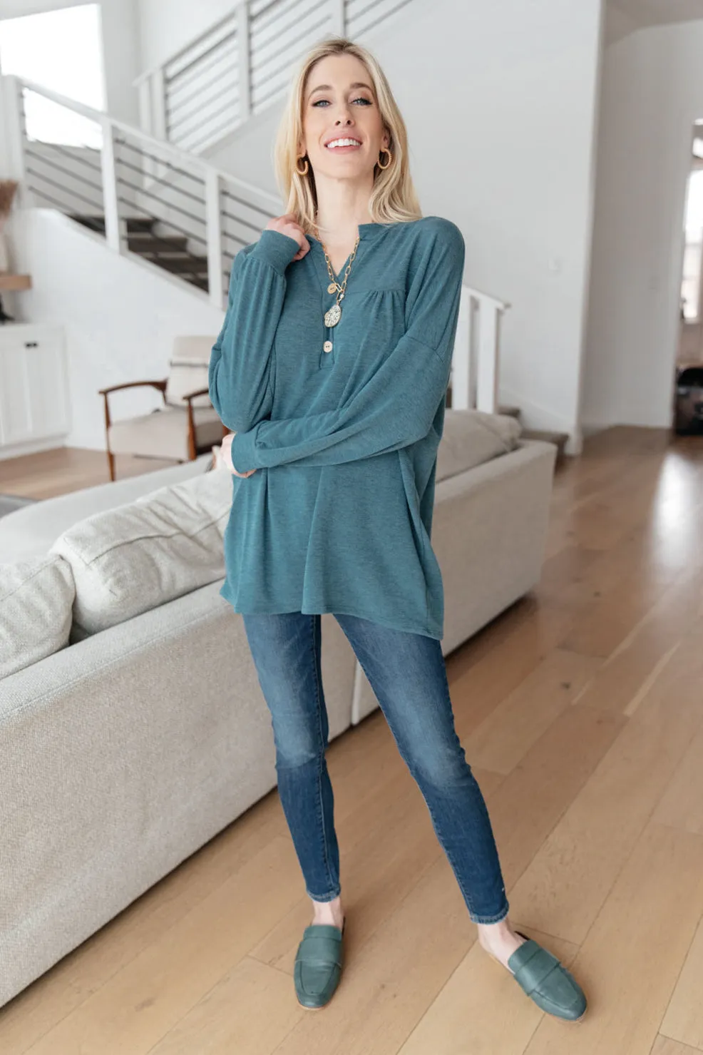 Babydoll Henley Top In Indigo