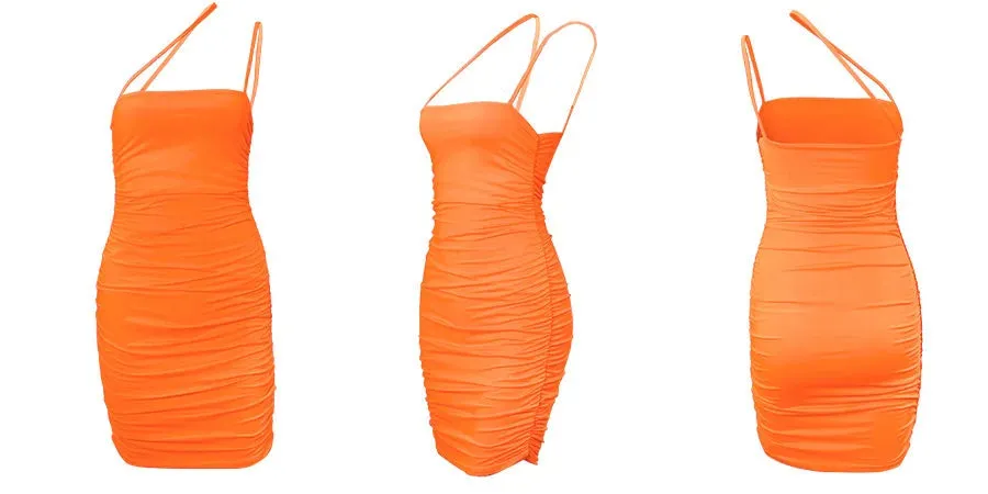 Bandage Pink Fluorescent Summer Mini Ruch Spaghetti Party Dresses Bodycon Elegant Sexy Strap Dress