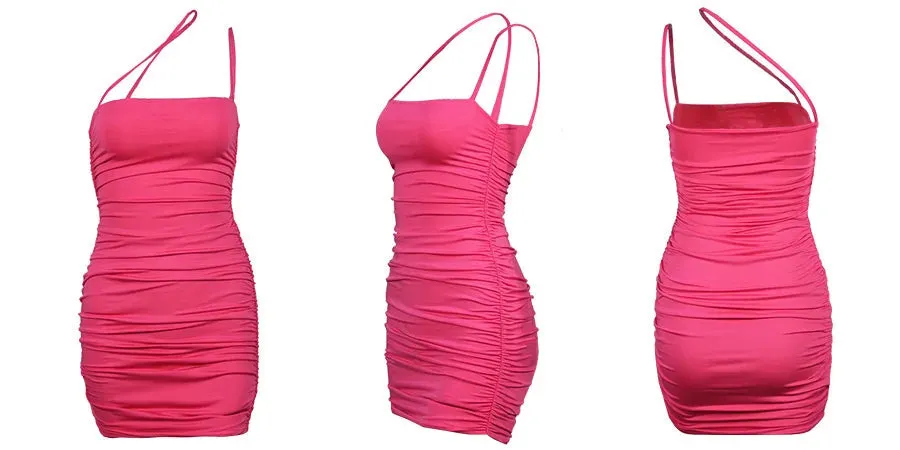 Bandage Pink Fluorescent Summer Mini Ruch Spaghetti Party Dresses Bodycon Elegant Sexy Strap Dress