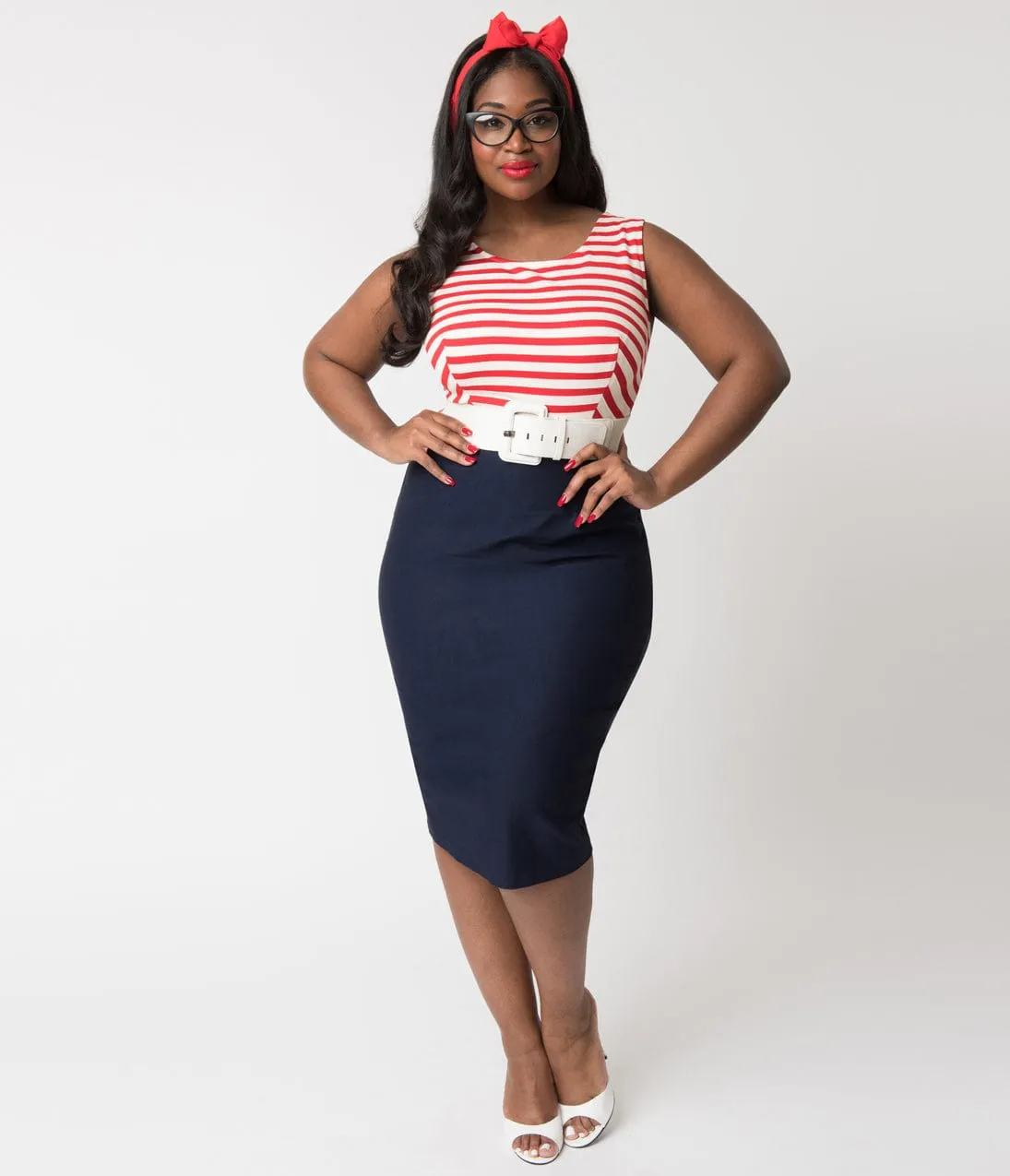 Barbie x Unique Vintage Plus Size Cruise Stripes Nautical Pencil Dress