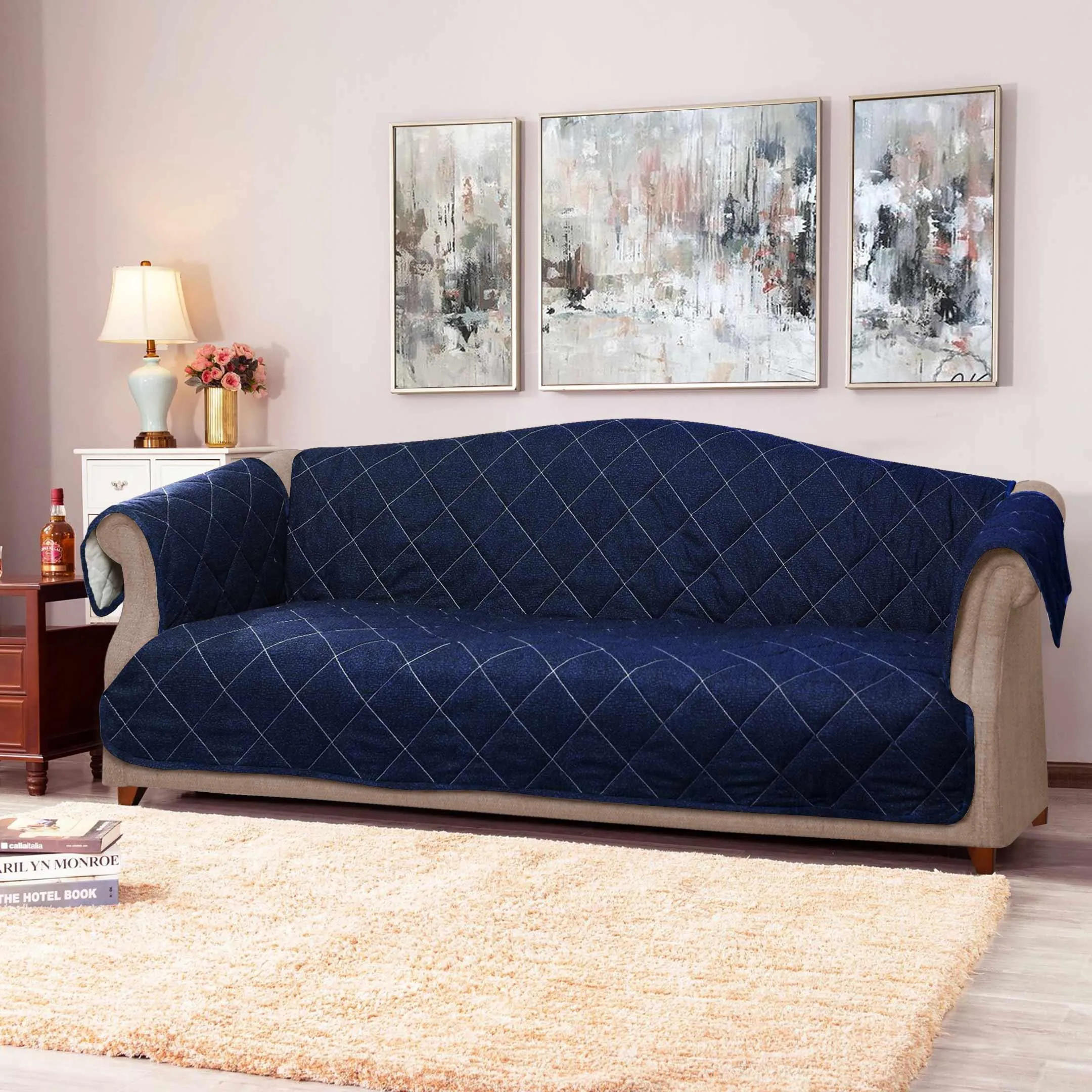 Bed Rock Blue Quilted Sofa Cover Set