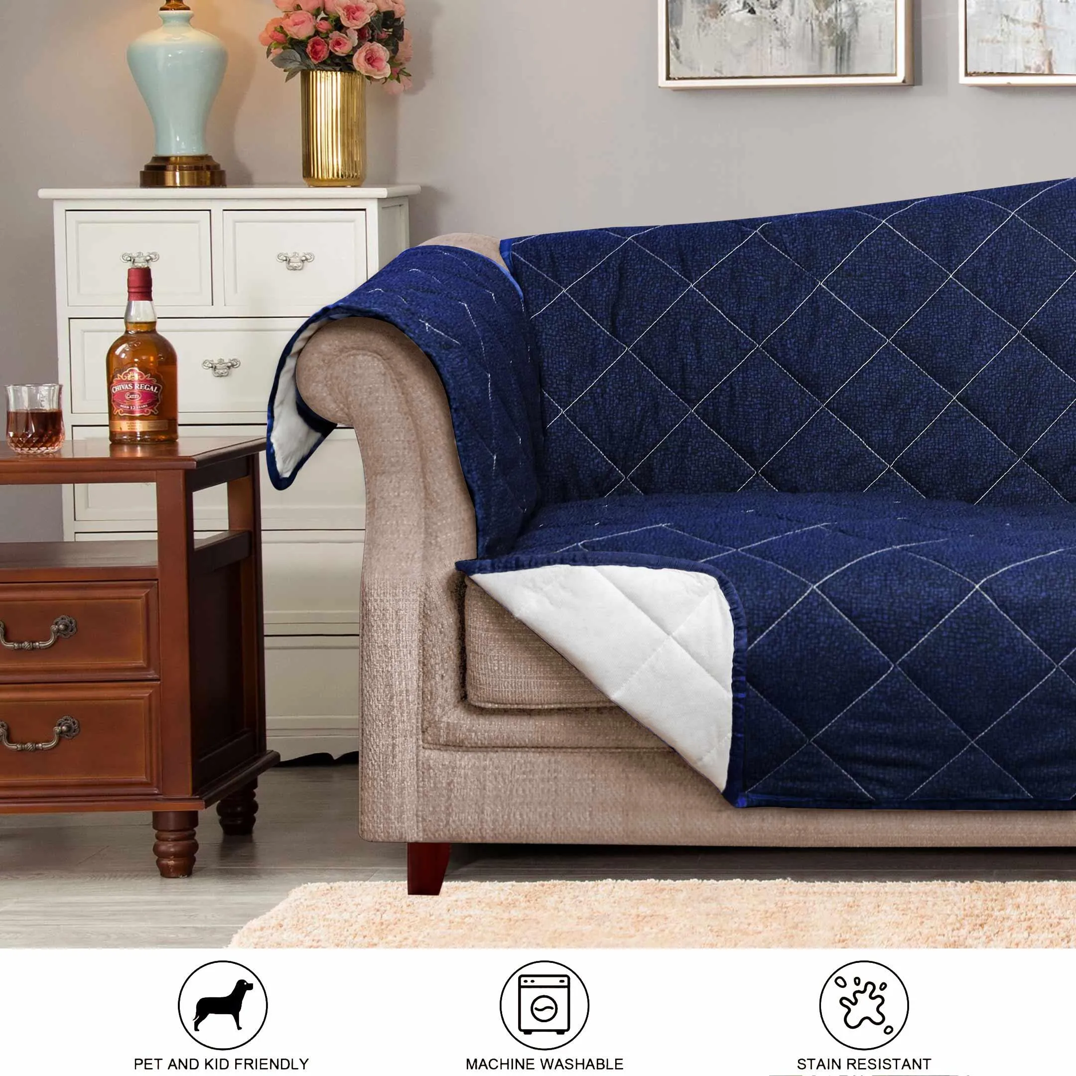 Bed Rock Blue Quilted Sofa Cover Set