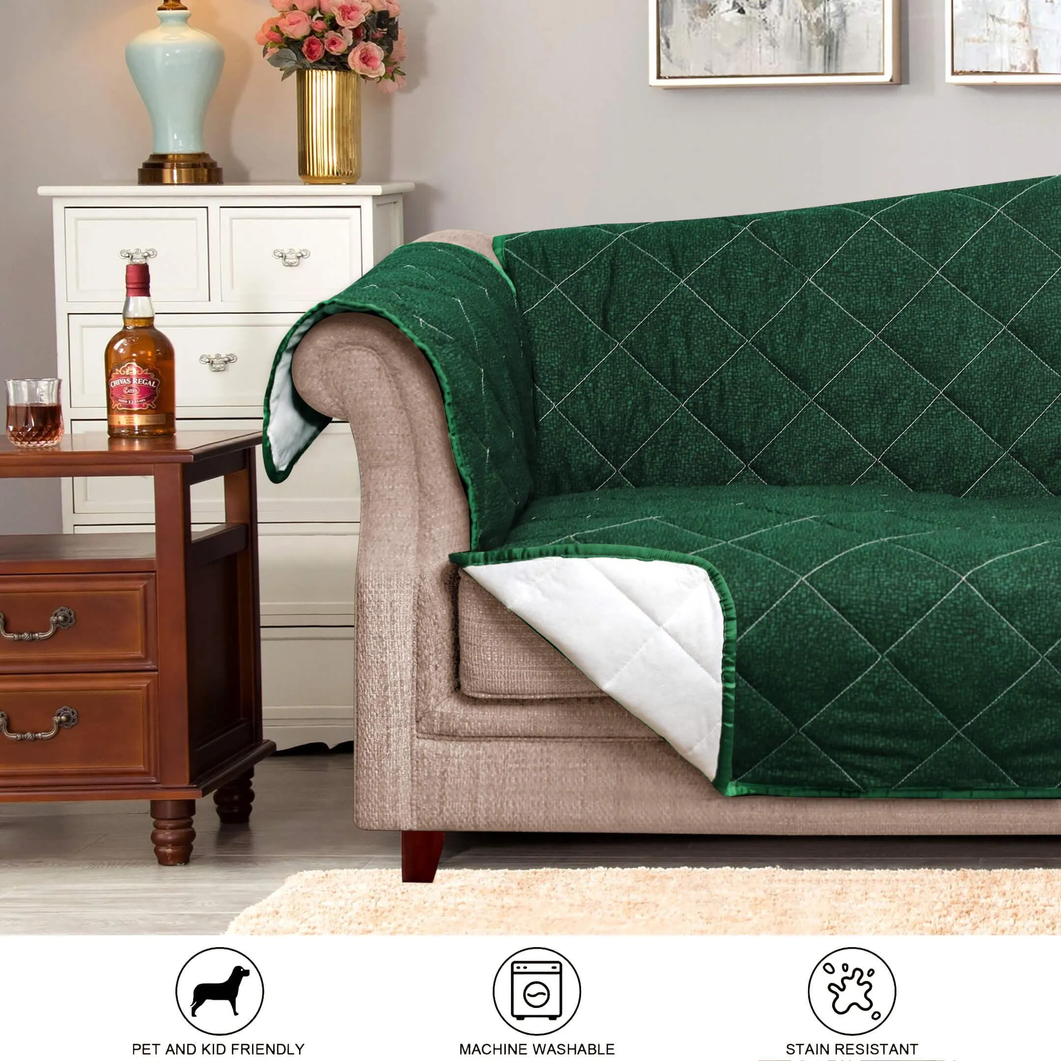 Bed Rock Green Quilted Sofa Cover Set