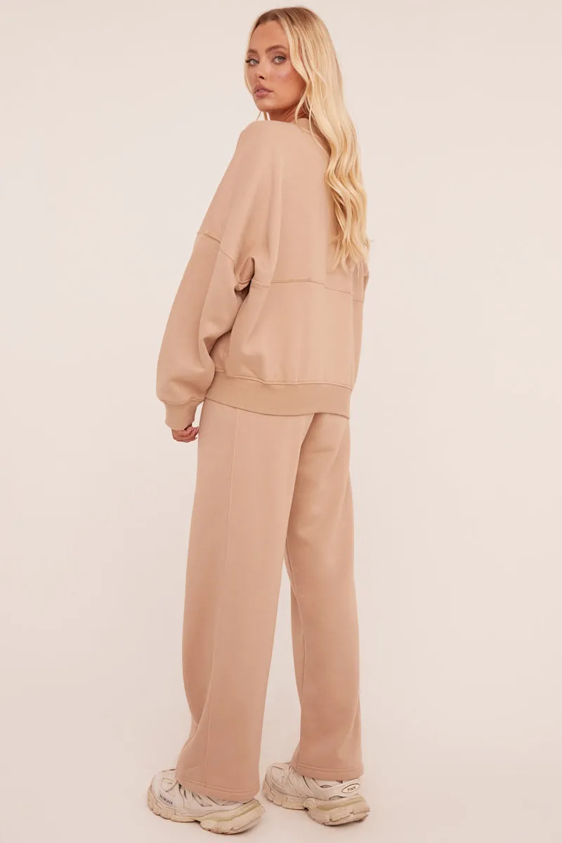 Beige Zip Front Bomber And Joggers Co-ord Set - Sasha