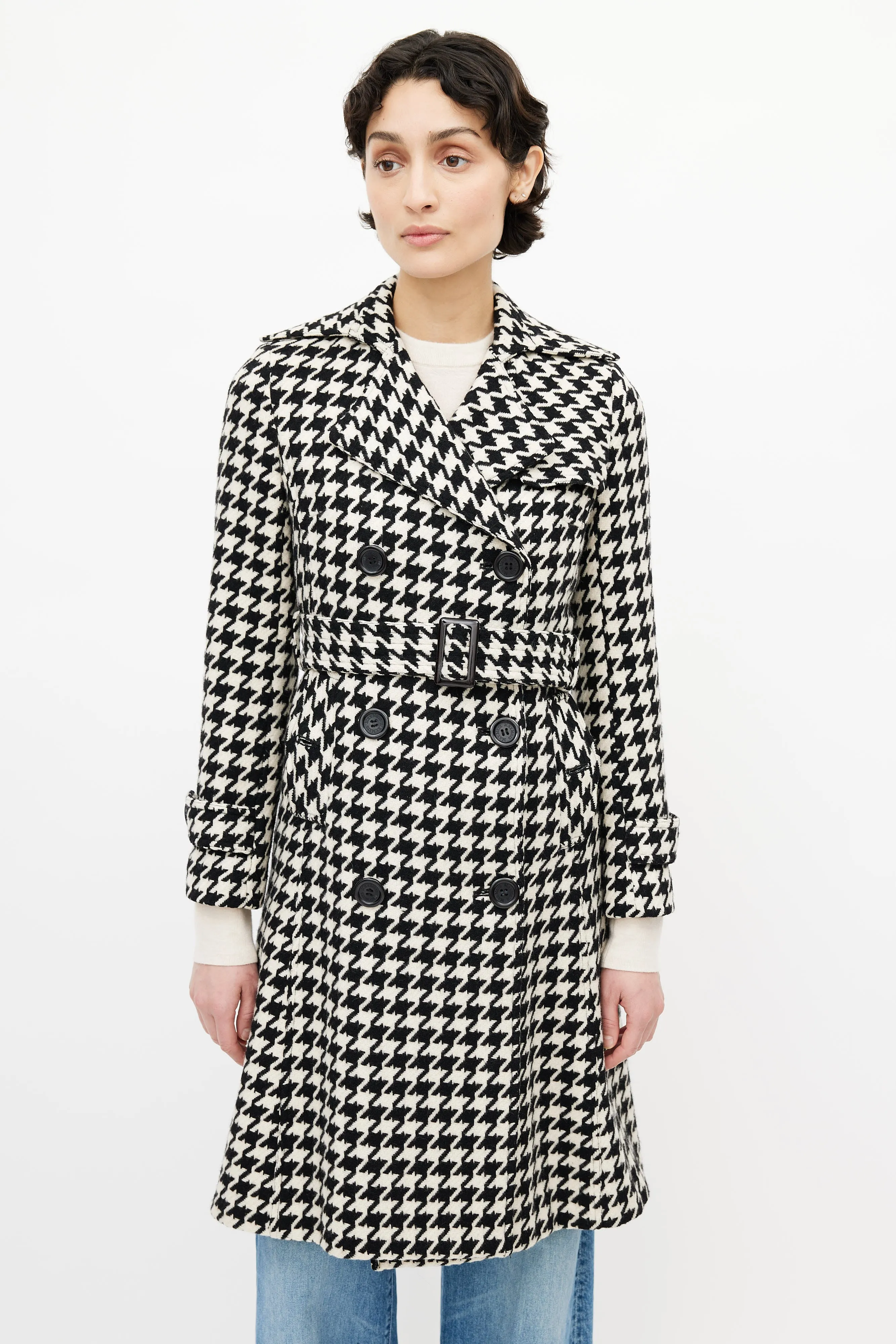 Black & White Belted Houndstooth Coat