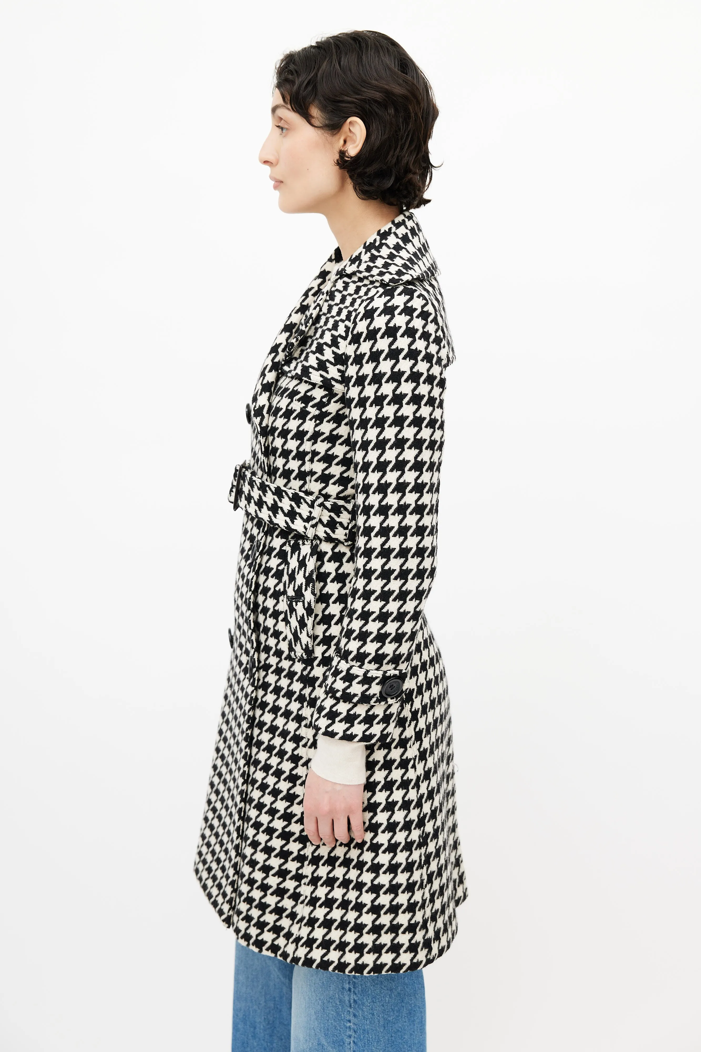 Black & White Belted Houndstooth Coat