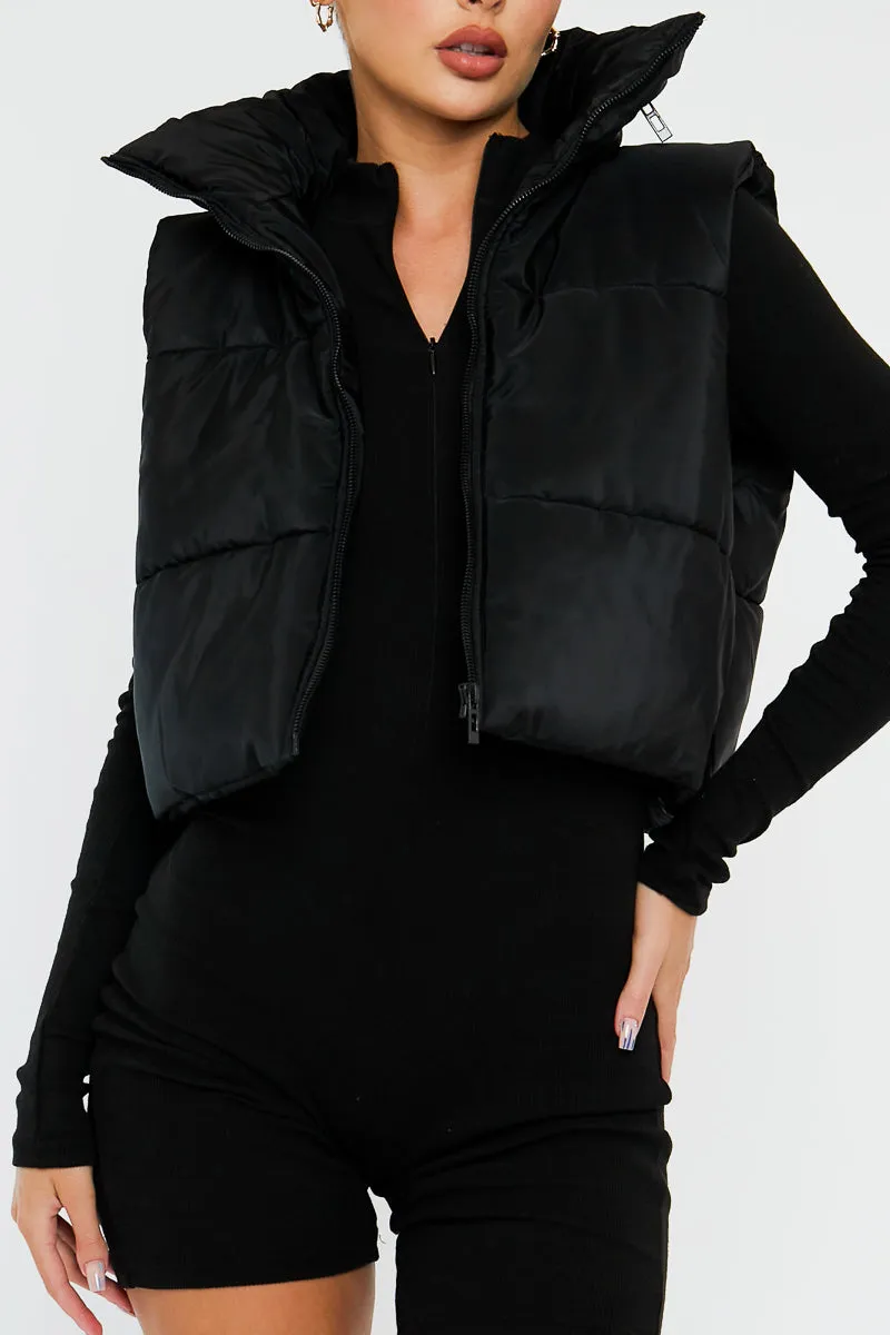 Black Cropped Hooded Puffer Gilet - Chani