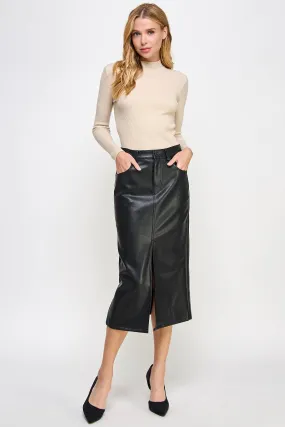 Black Faux Leather Midi Skirt