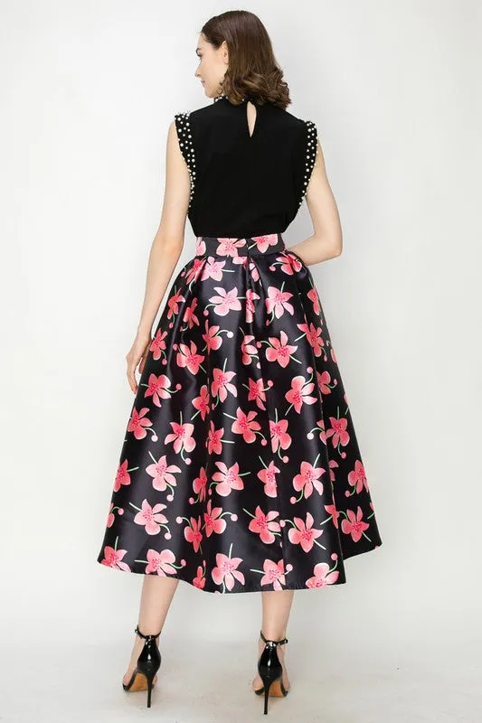 Black Floral Print High Waist Flared Midi Skirt