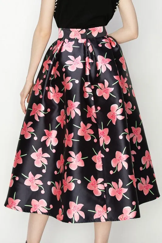 Black Floral Print High Waist Flared Midi Skirt