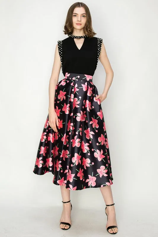 Black Floral Print High Waist Flared Midi Skirt