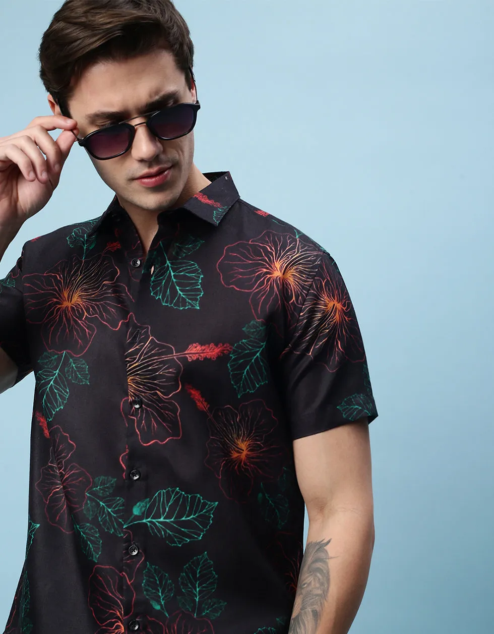 Black Floral Printed Casual Shirt