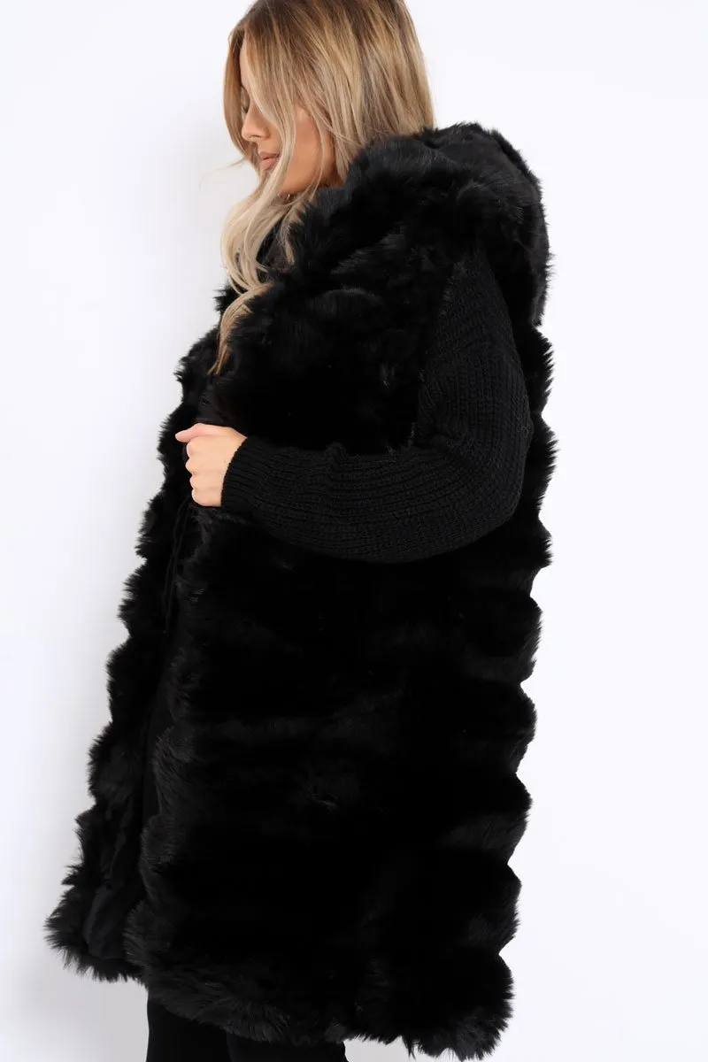 Black Hooded Faux Fur Gilet - Jadie