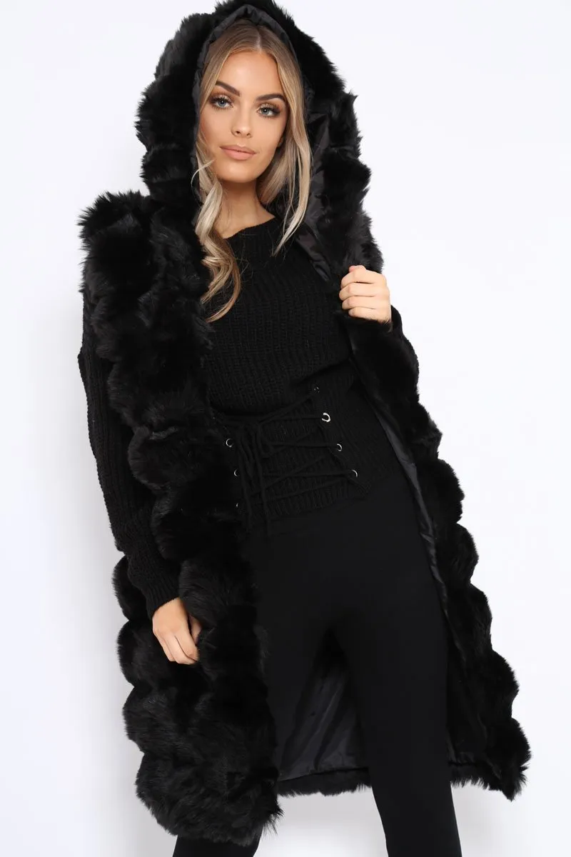 Black Hooded Faux Fur Gilet - Jadie