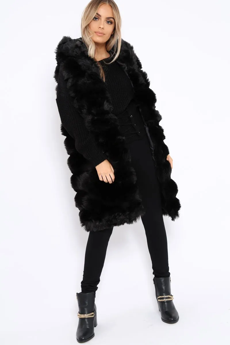 Black Hooded Faux Fur Gilet - Jadie