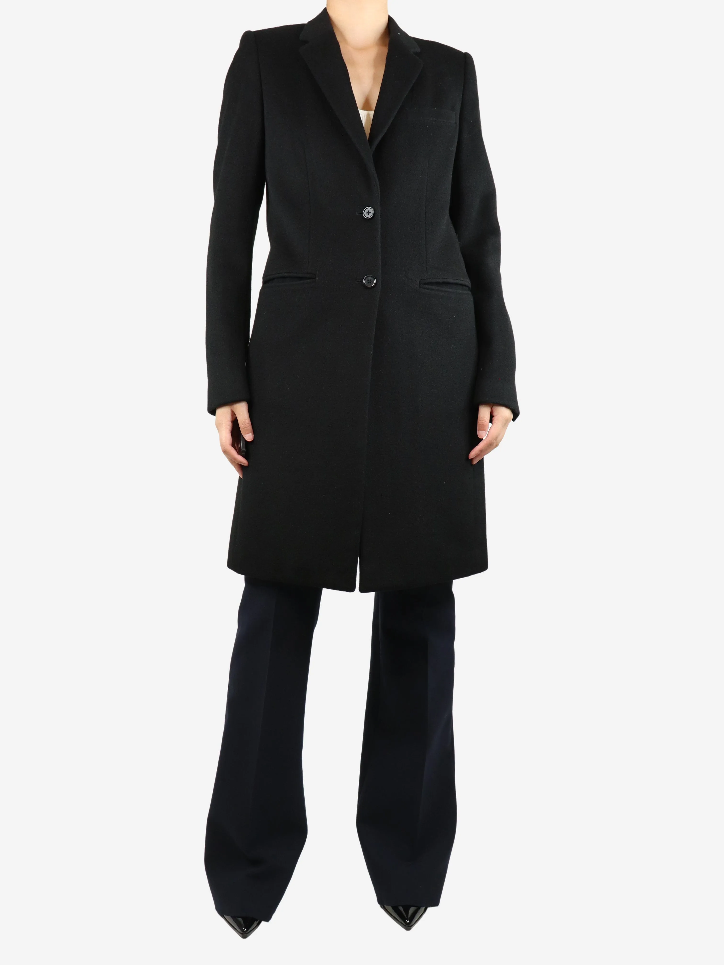 Black single-breasted wool coat - size UK 14