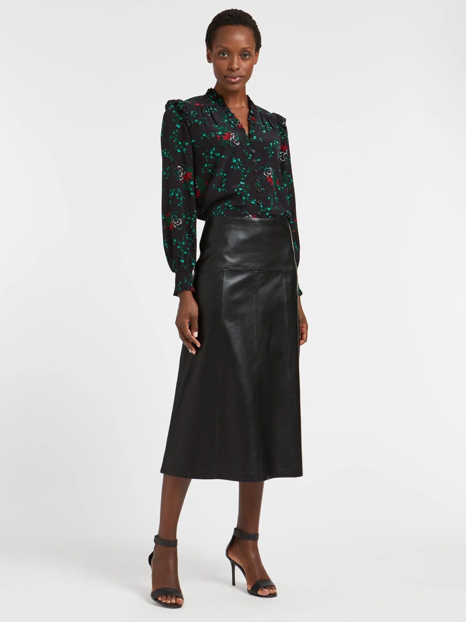 Black Tiana leather panelled midi skirt