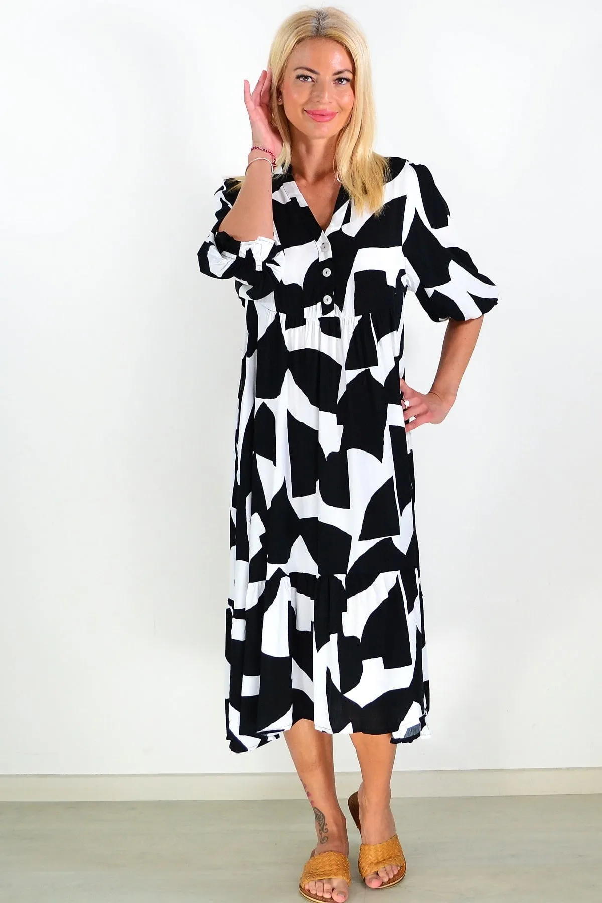 Black White Button Midi Dress