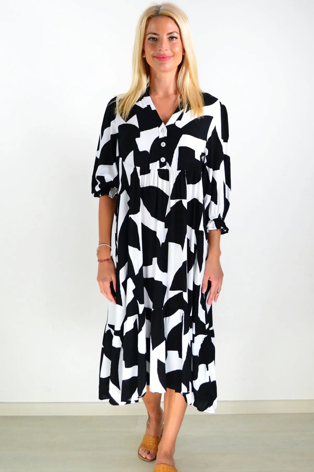 Black White Button Midi Dress