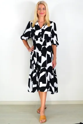 Black White Button Midi Dress