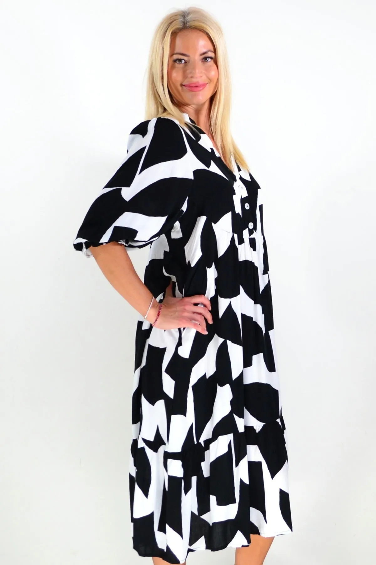 Black White Button Midi Dress