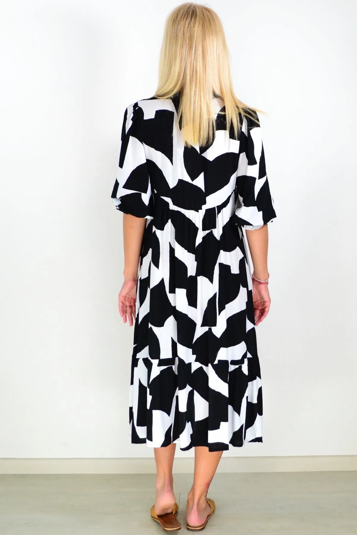 Black White Button Midi Dress