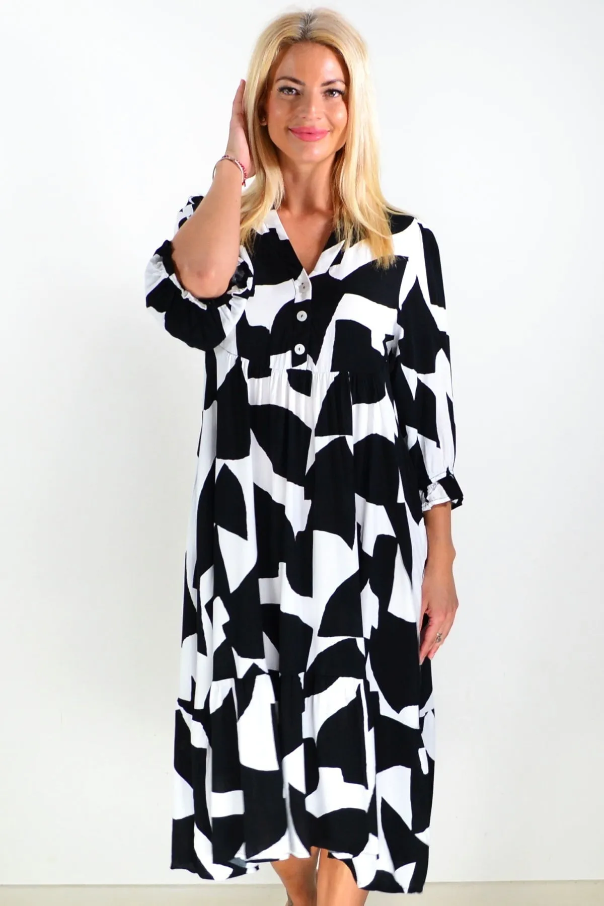 Black White Button Midi Dress