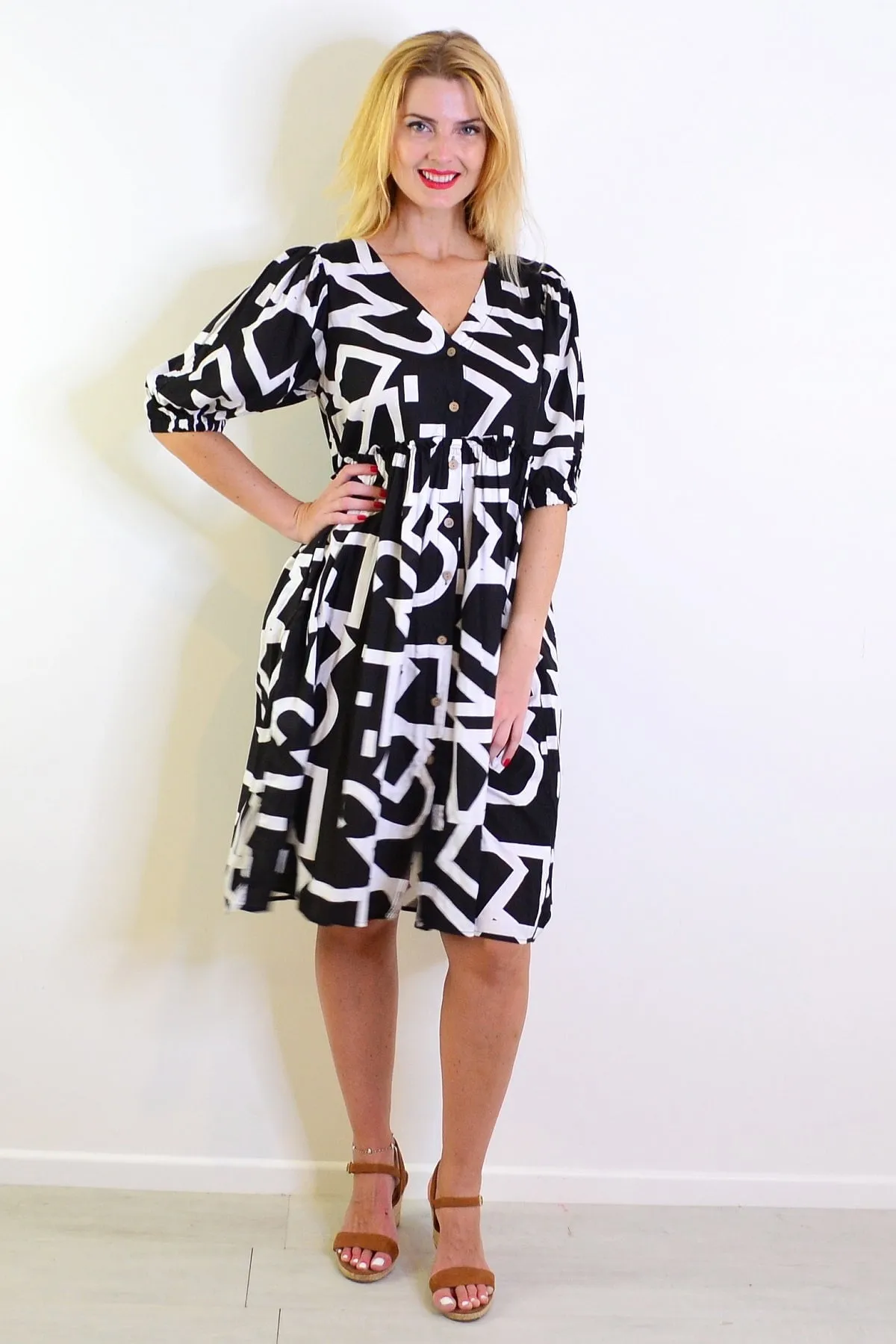 Black White Front Button Up Tunic Dress