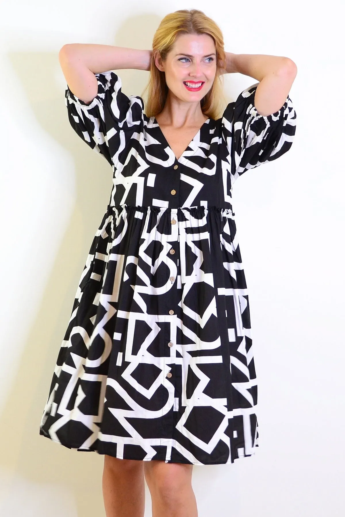 Black White Front Button Up Tunic Dress