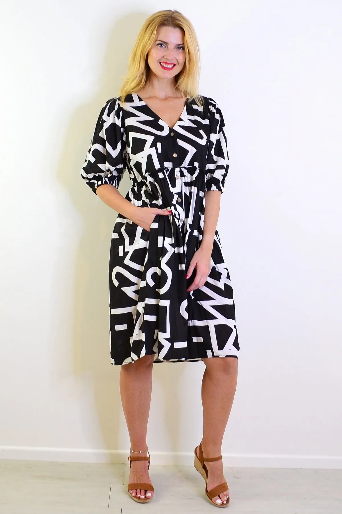 Black White Front Button Up Tunic Dress